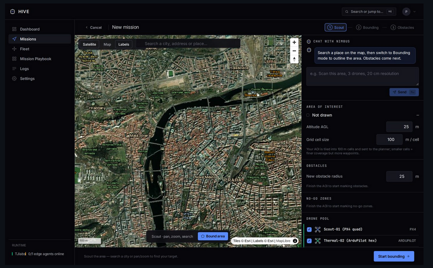 Rozhraní plánovače misí rojů Hive Planner s mapou